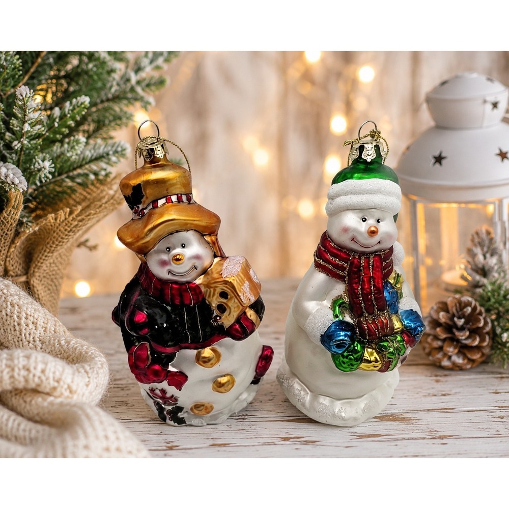 BLOWN GLASS Snowman Holiday Hand Painted European Style CHRISTMAS Ornaments